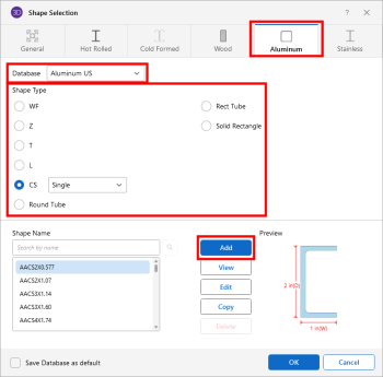 Aluminum, Add Shape window