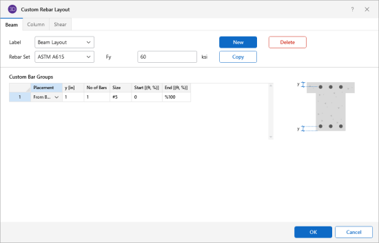 Custom Rebar Layout window, Beam tab