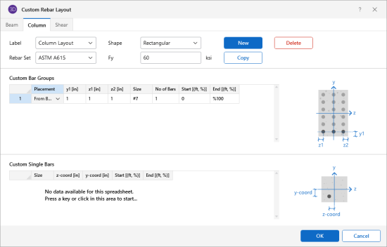 Custom Rebar Layout window, Column tab