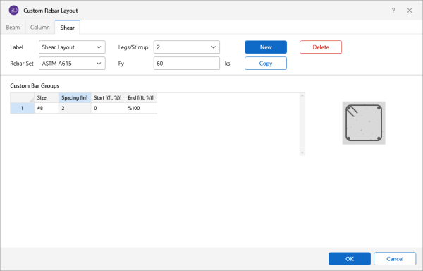 Custom Rebar Layout window, Shear tab