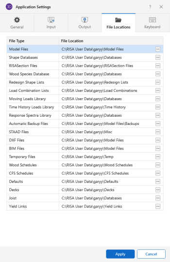 Application Settings window, File Locations tab
