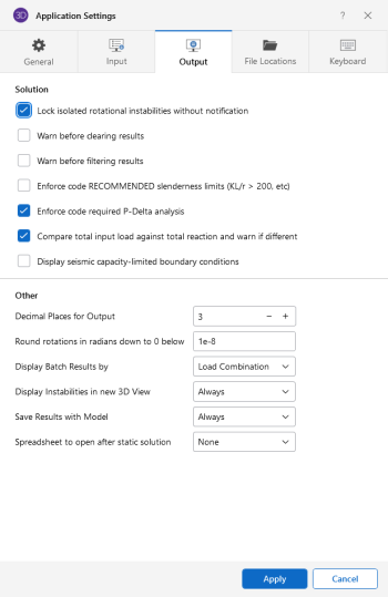 Application Settings window, Output tab