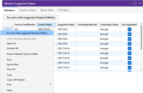 Member Suggested Shapes, Current Shape column, right-click menu
