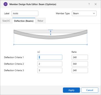 Member Design Rule Editor: Beam (Explicit) window, Deflection (Beams) tab