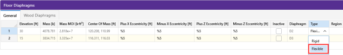 Floor Diaphragms spreadsheet, General tab, Type column Flexible