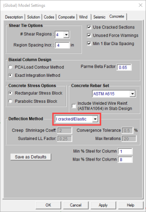Global Model Settings, Concrete tab, Deflection Method - I cracked/Elastic