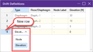 Drift Definitions spreadsheet. Add a new row and set Type to Elevation