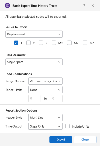 Barch Export Time History Traces window
