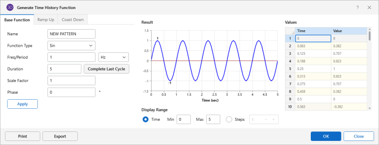 Generate Time History Function window