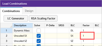 Load Combinations spreadsheet, enter the spectra-scaling factor