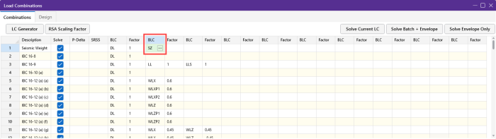 Choose the proper BLC setting for the Seismic Weight LC