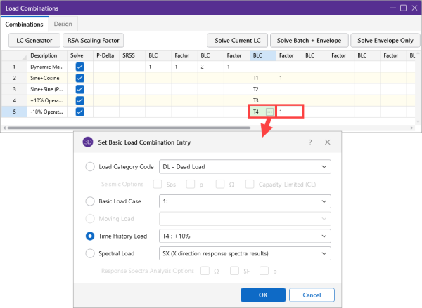 Load combinations spreadsheet, Time History