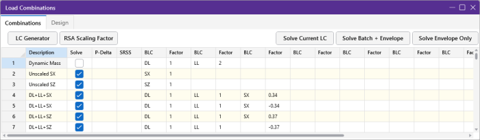 Load Combinations window showing multiple RSA results and spectra scaling factors