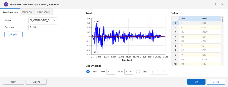 View/Edit Time History Function window