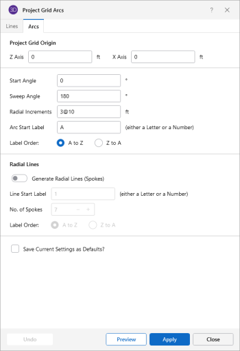 Project Grid Arcs generator window