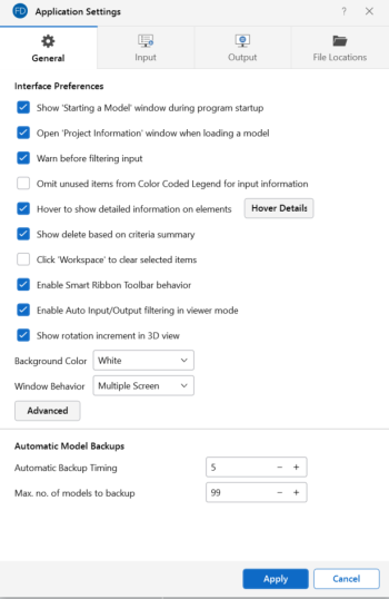 Application Settings window, General tab