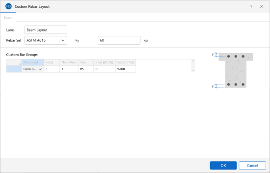 Custom Rebar Layout window, Beam tab