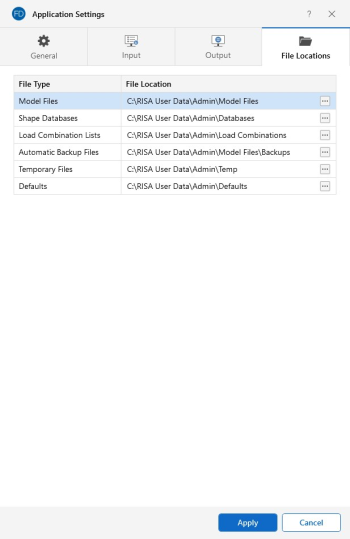 Application Settings window, File Locations tab
