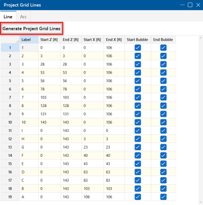 Generate Project Grid Lines option in Project Grid window