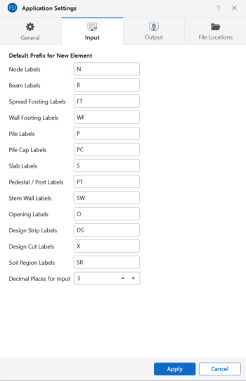 Application Settings window, Input tab