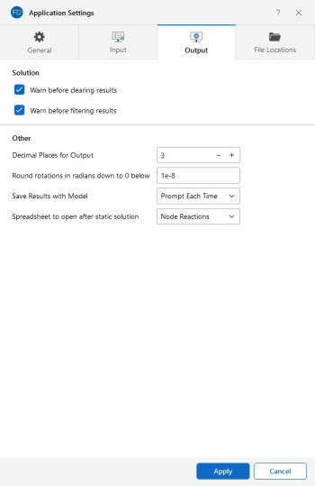 Application Settings window, Output tab