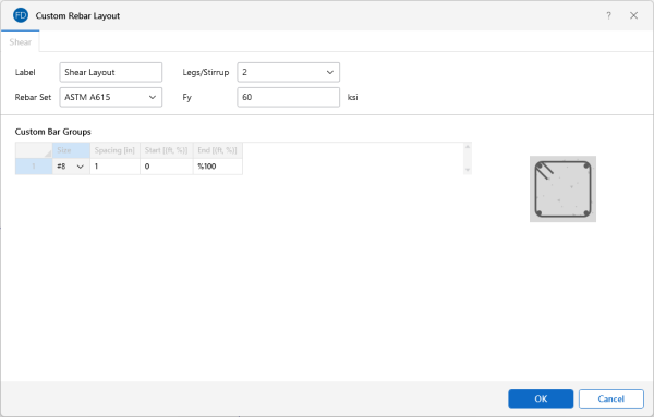 Custom Rebar Layout window, Shear tab